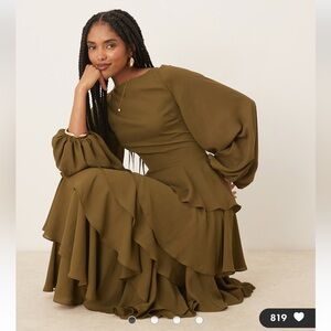 Pretty Lavish Beatris lace up back ruffle maxi dress in deep olive